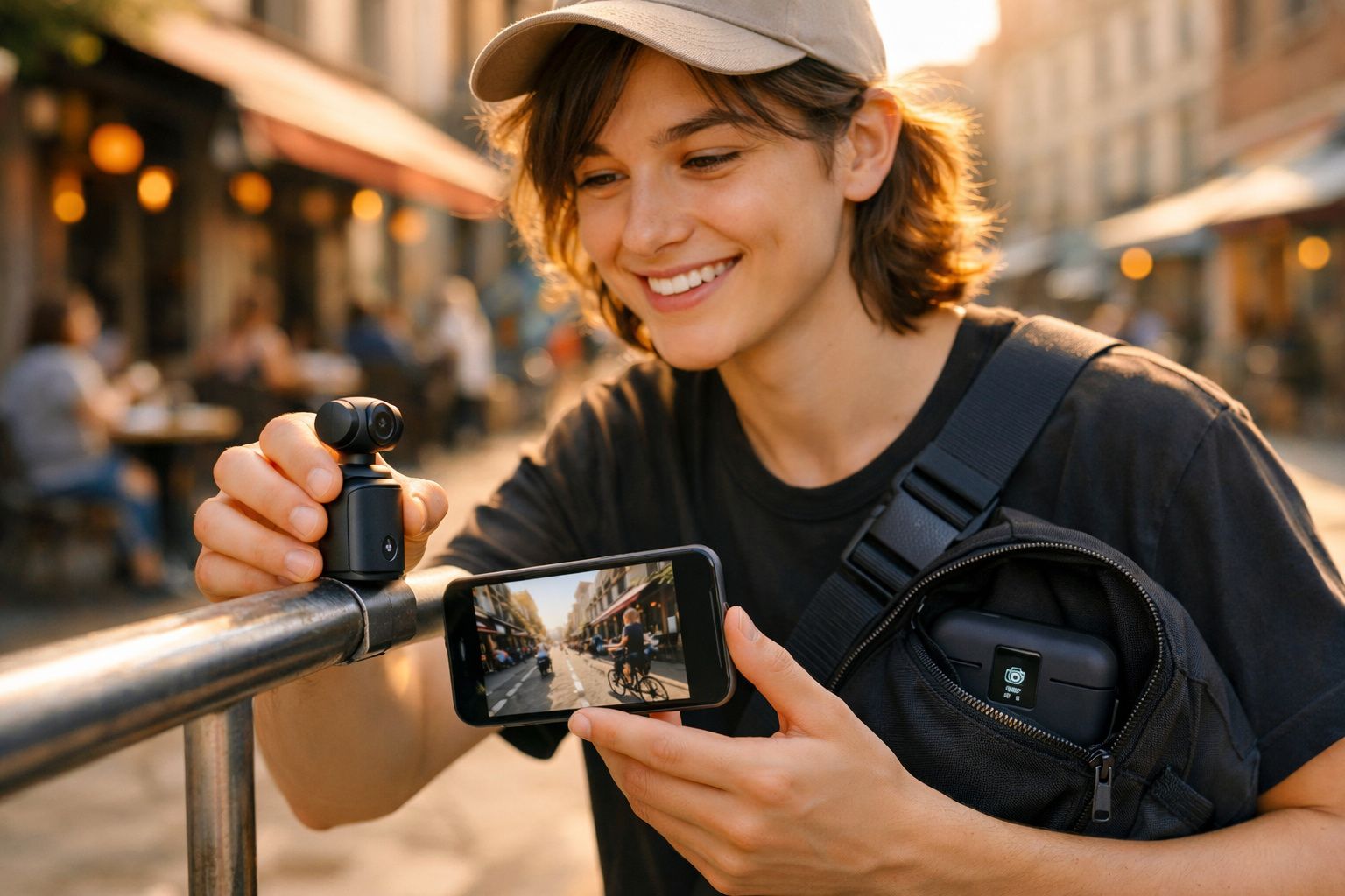 Pessoa sorridente a usar uma câmara pequena ligada a um smartphone num ambiente urbano ao ar livre.