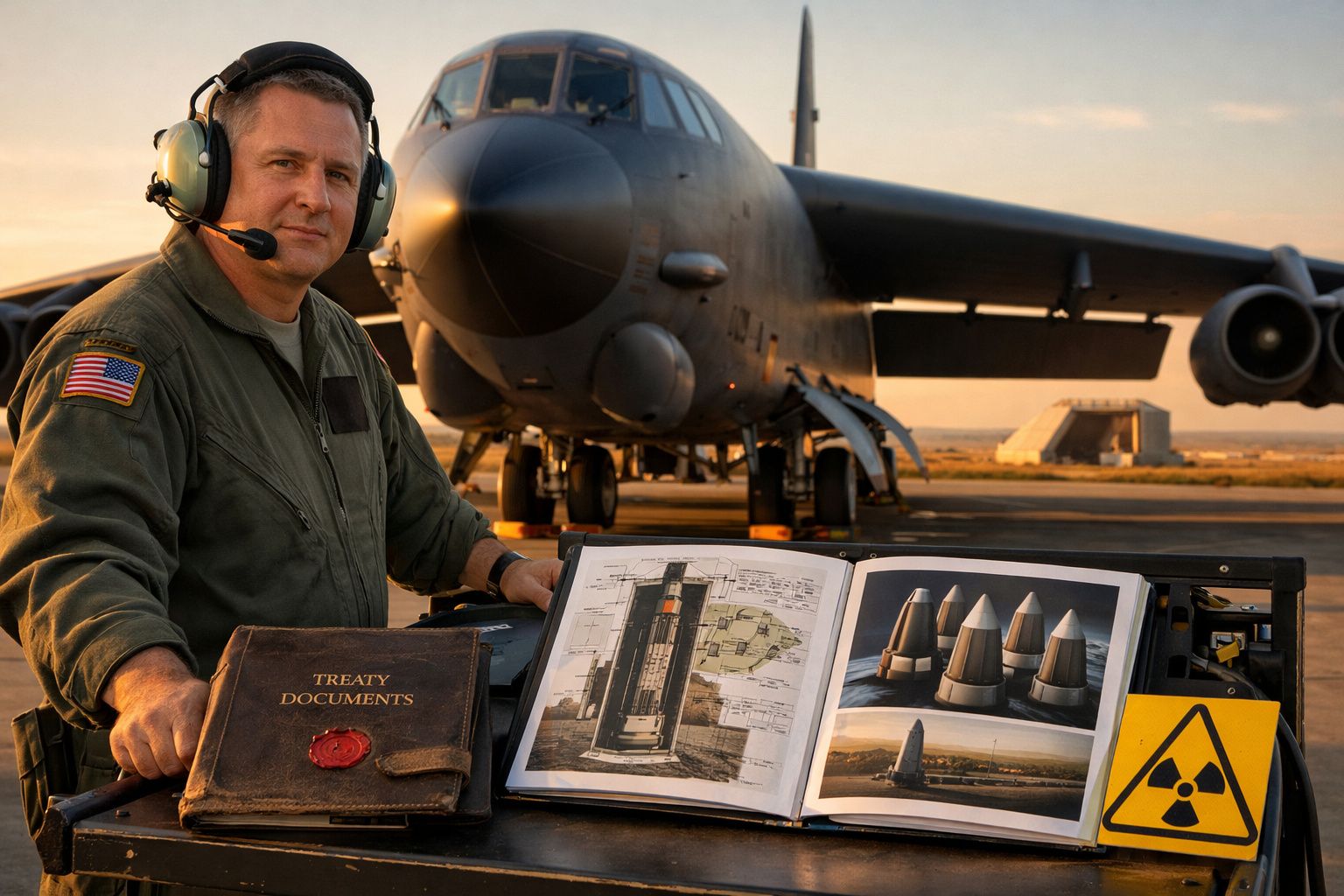 Piloto militar ao lado de livro aberto sobre mísseis e documentos de tratado com avião militar ao fundo.