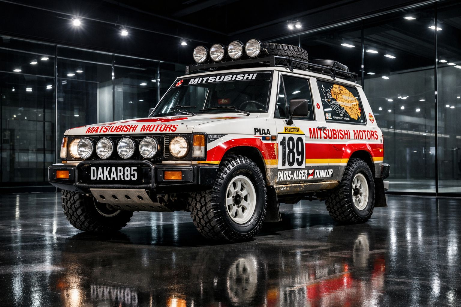 Mitsubishi Pajero clássico de ralis com número 189, iluminação extra e decoração Dakar85 em espaço interior.