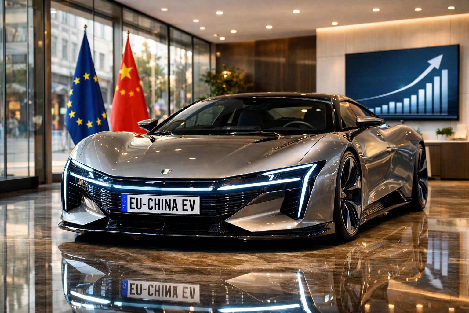 Carro elétrico prateado futurista em showroom, com bandeiras da União Europeia e China ao fundo.