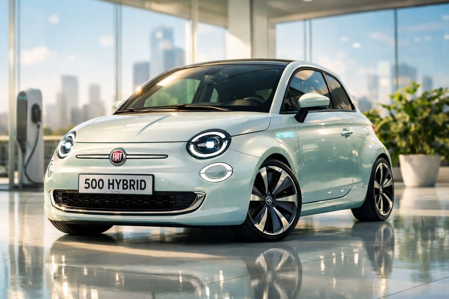 Fiat 500 Hybrid branco estacionado em showroom moderno com luz natural e planta ao fundo.