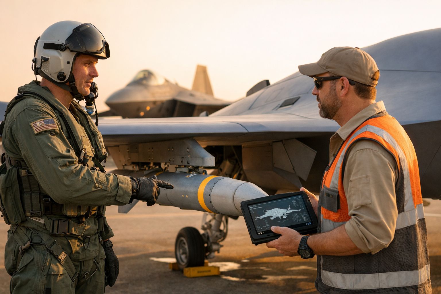 Piloto militar e técnico verificam arma sob asa de caça num aeroporto ao pôr do sol.