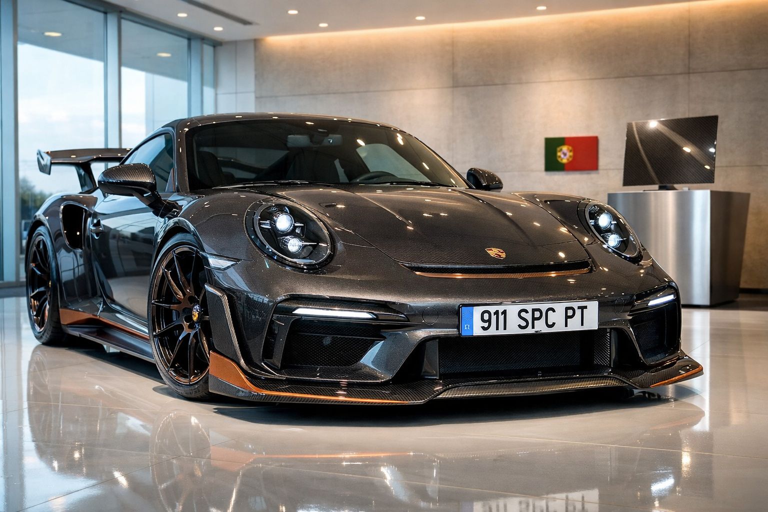 Carro desportivo Porsche cinzento metálico estacionado em salão com detalhe da placa 911 SPC PT e bandeira portuguesa.