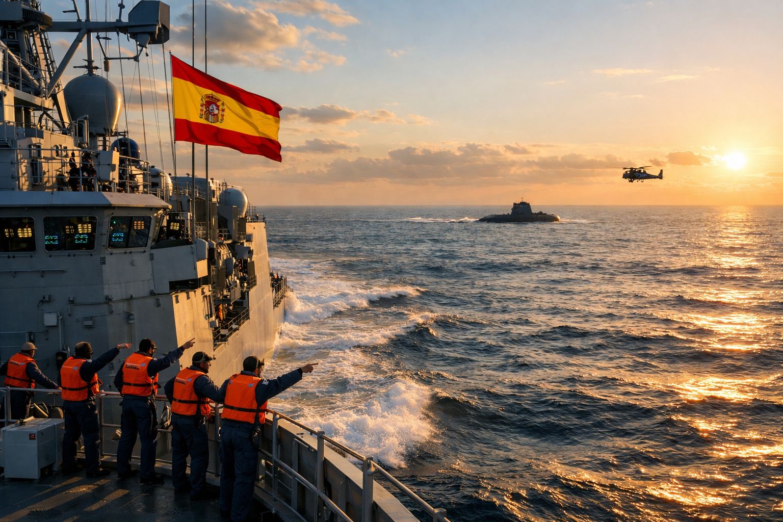Marinheiros com coletes salva-vidas num navio espanhol no mar ao pôr do sol com helicóptero e submarino ao longe.