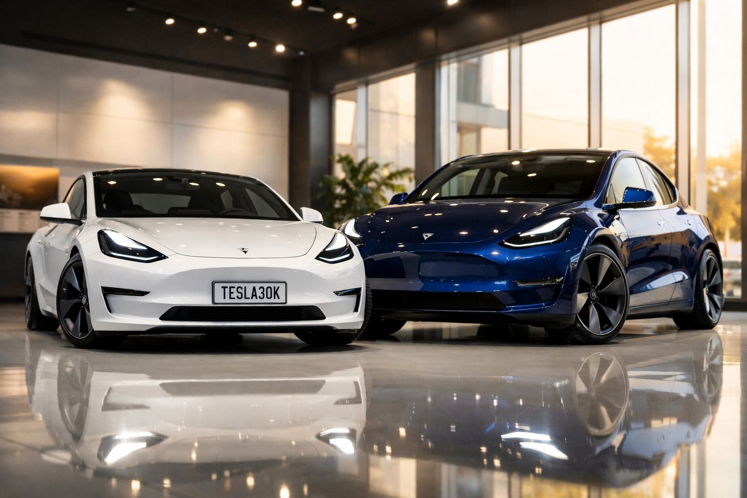 Dois carros Tesla elétricos estacionados num showroom moderno, um branco e outro azul escuro.