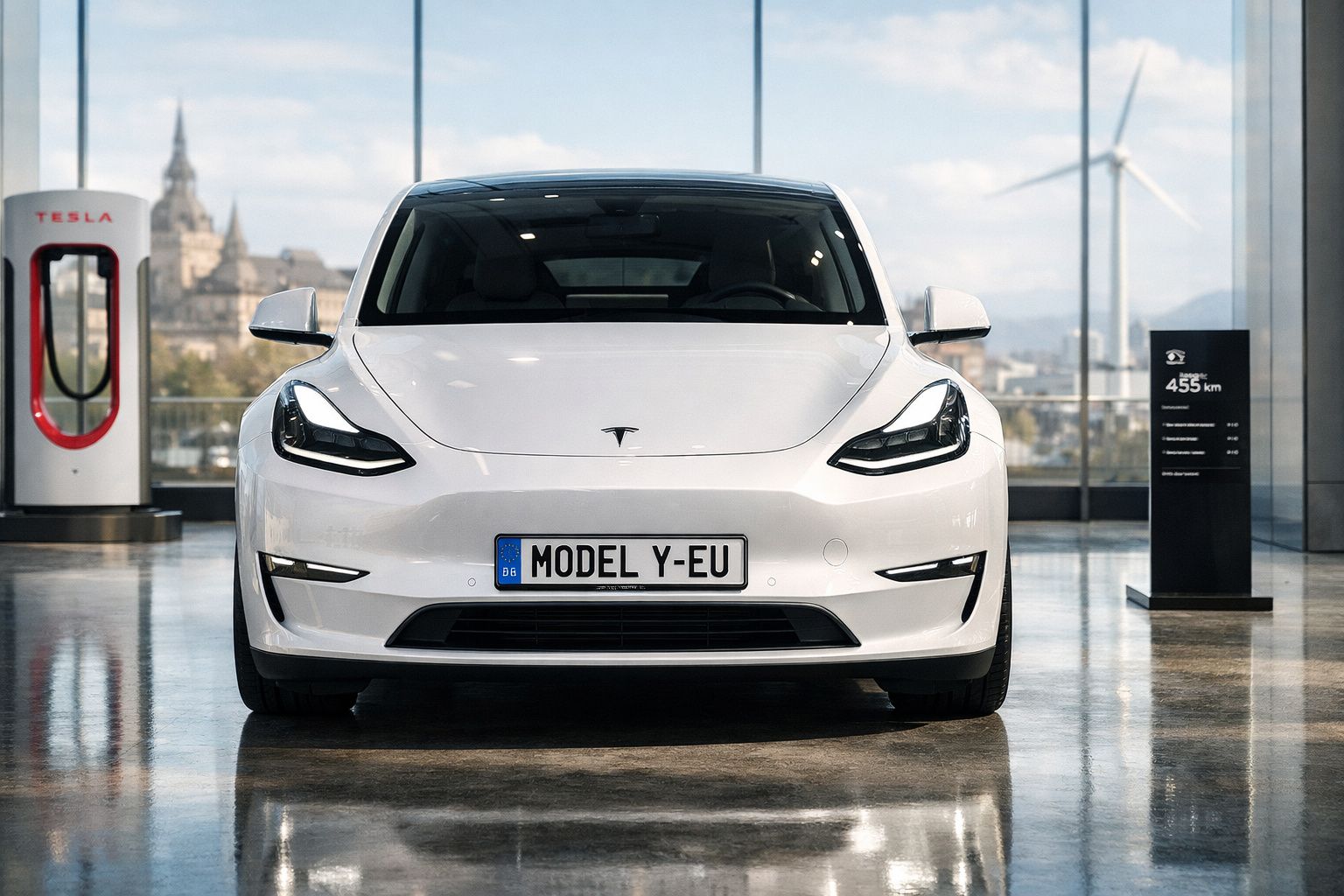 Carro elétrico Tesla Model Y branco visto de frente numa estação de carregamento interior.