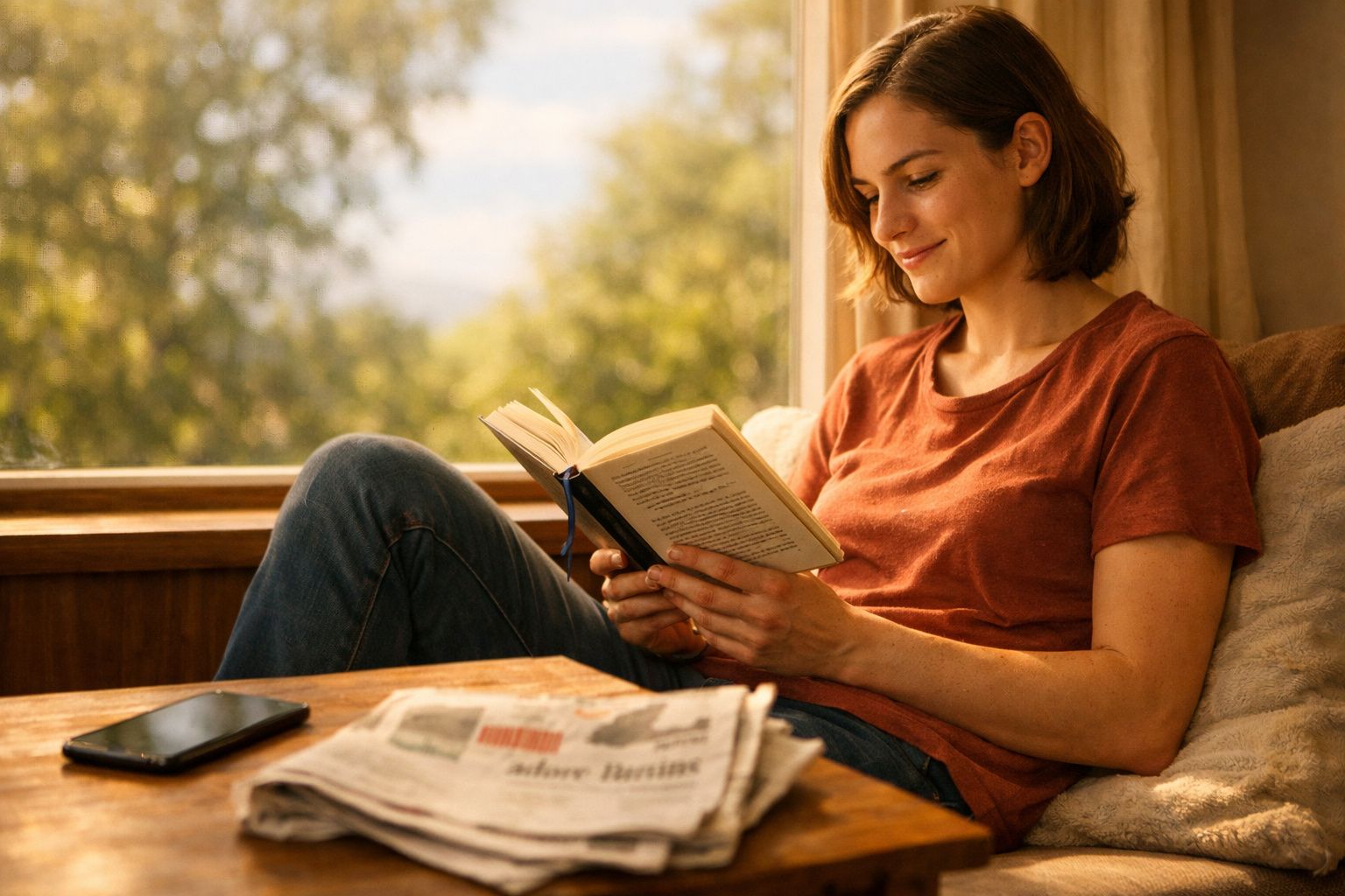 Mulher sentada a ler um livro junto a uma janela, com jornal e telemóvel numa mesa em frente.