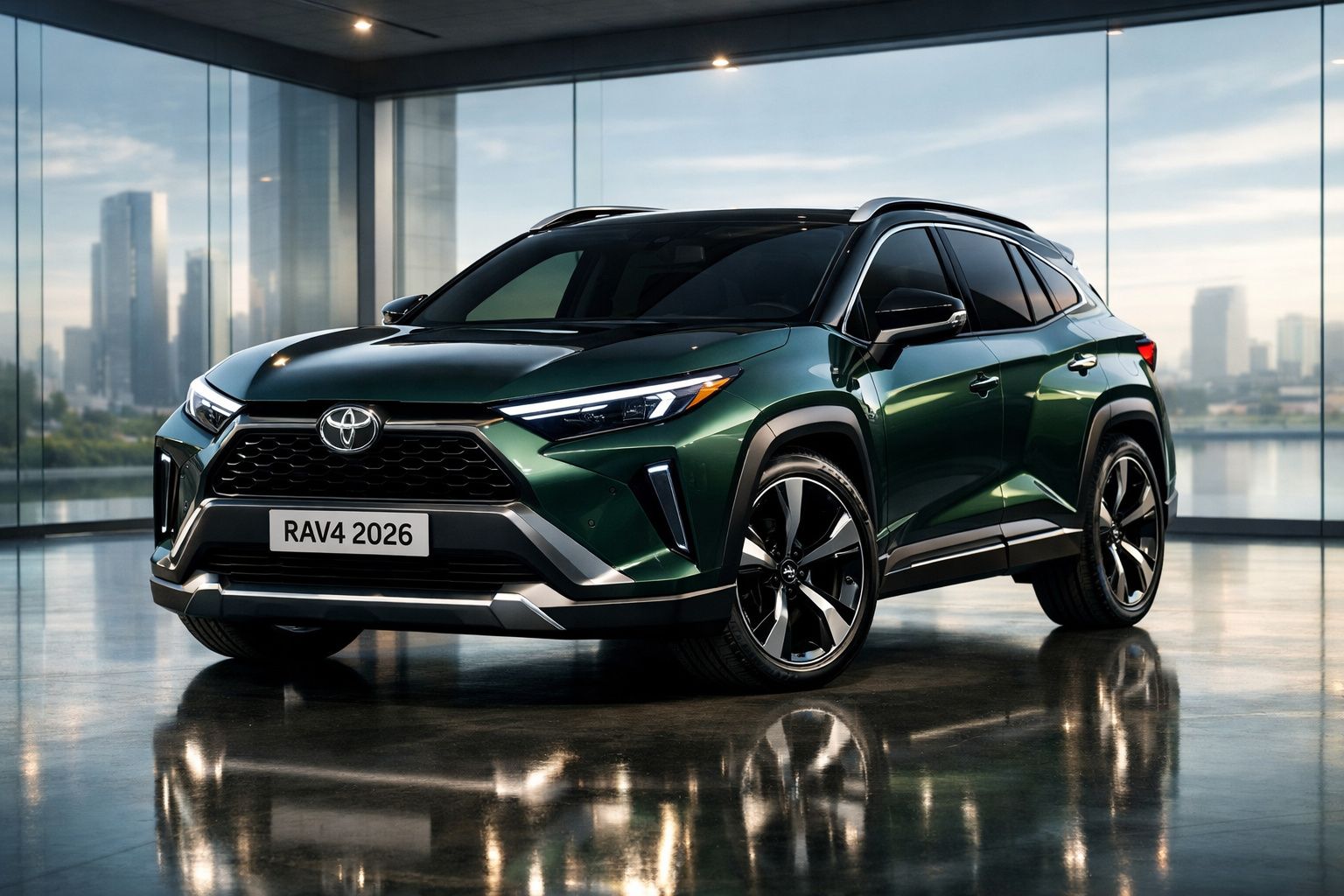 Carro Toyota RAV4 2026 verde escuro estacionado em piso brilhante com fundo urbano e vidro.
