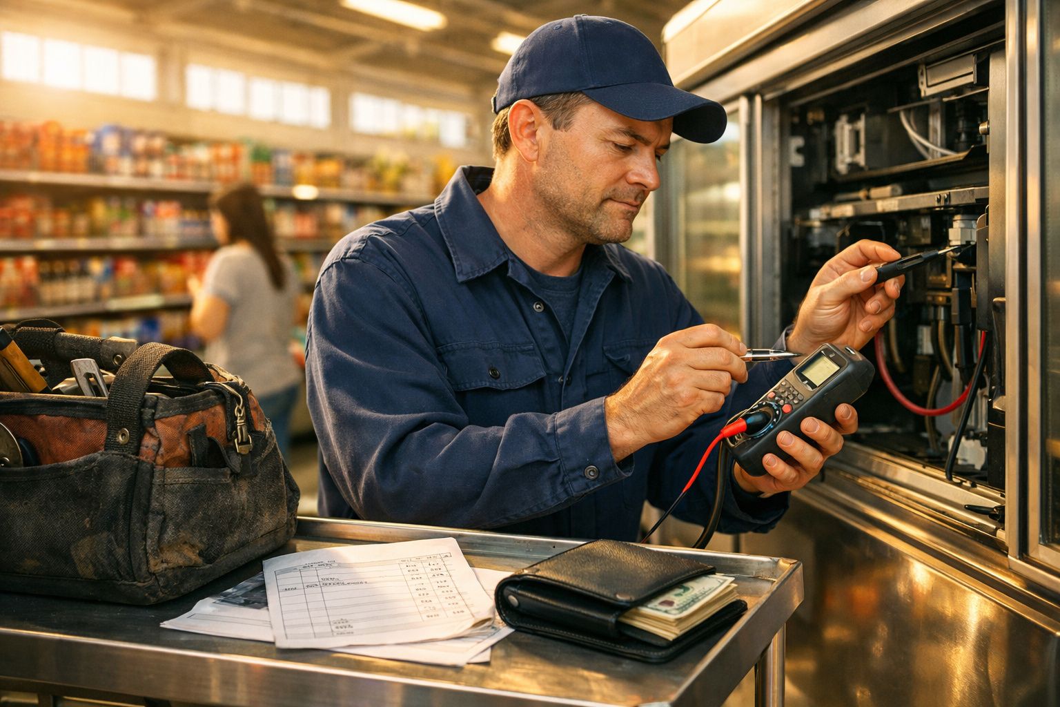 Técnico a medir eletricidade num equipamento industrial com ferramentas e documentos numa bancada.