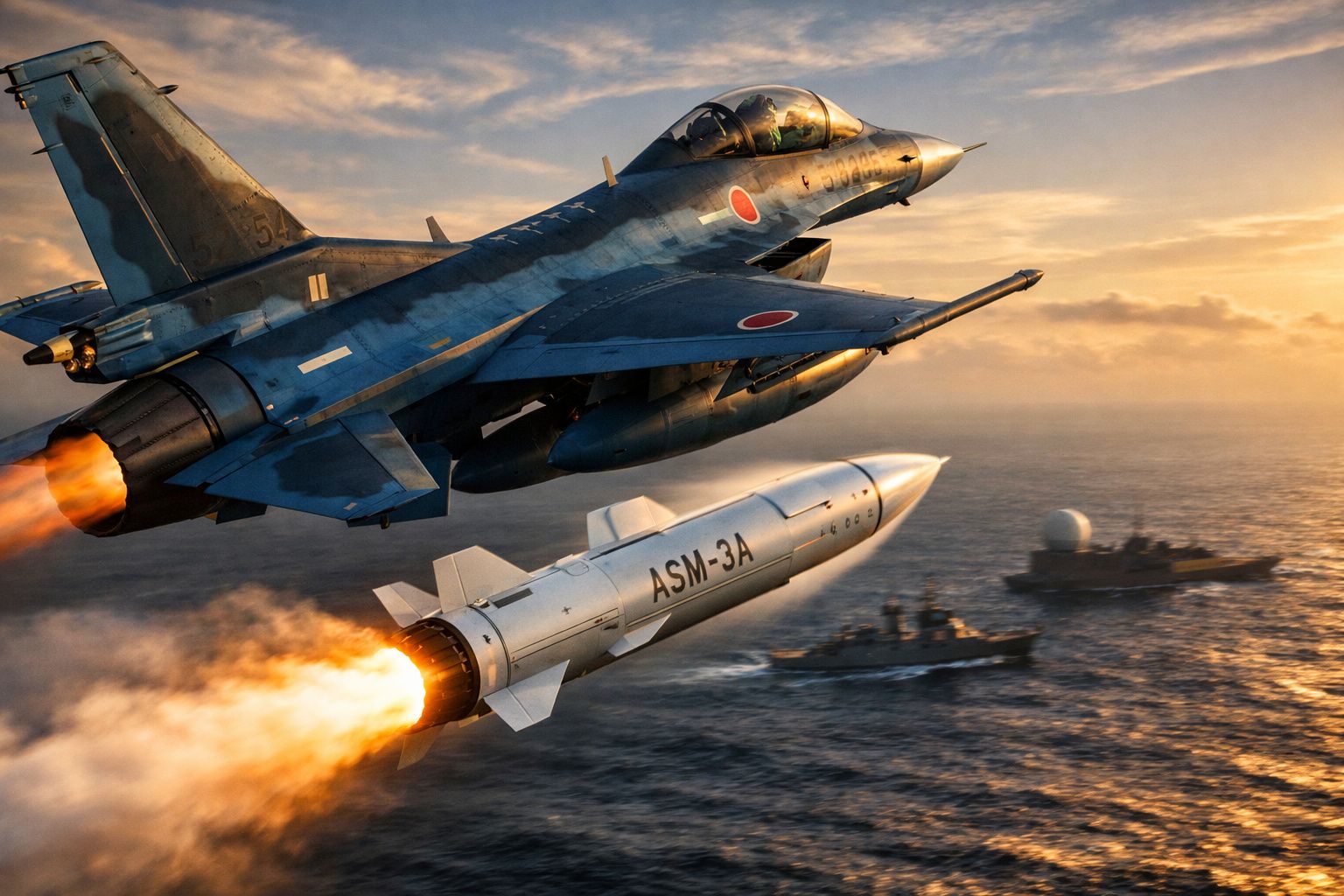 Caça militar japonês lança míssil ASM-3A sobre o mar durante o pôr do sol.