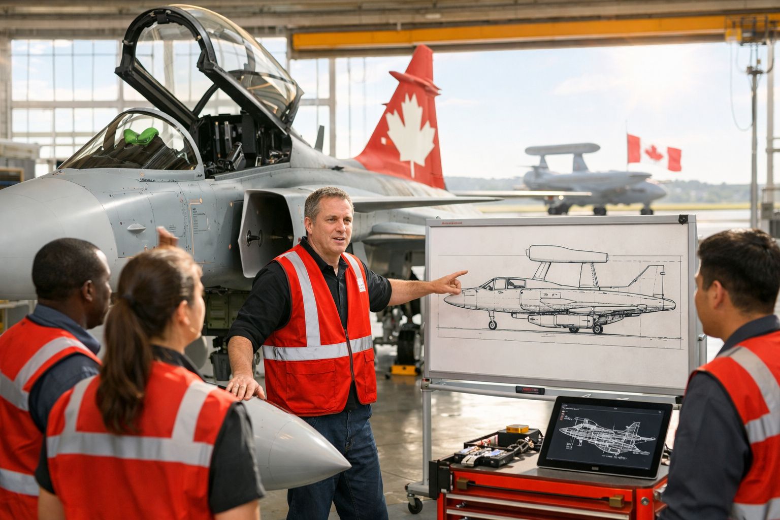 Homem a explicar desenho técnico de avião a grupo numa oficina com estrílo de caça e ecrã digital.