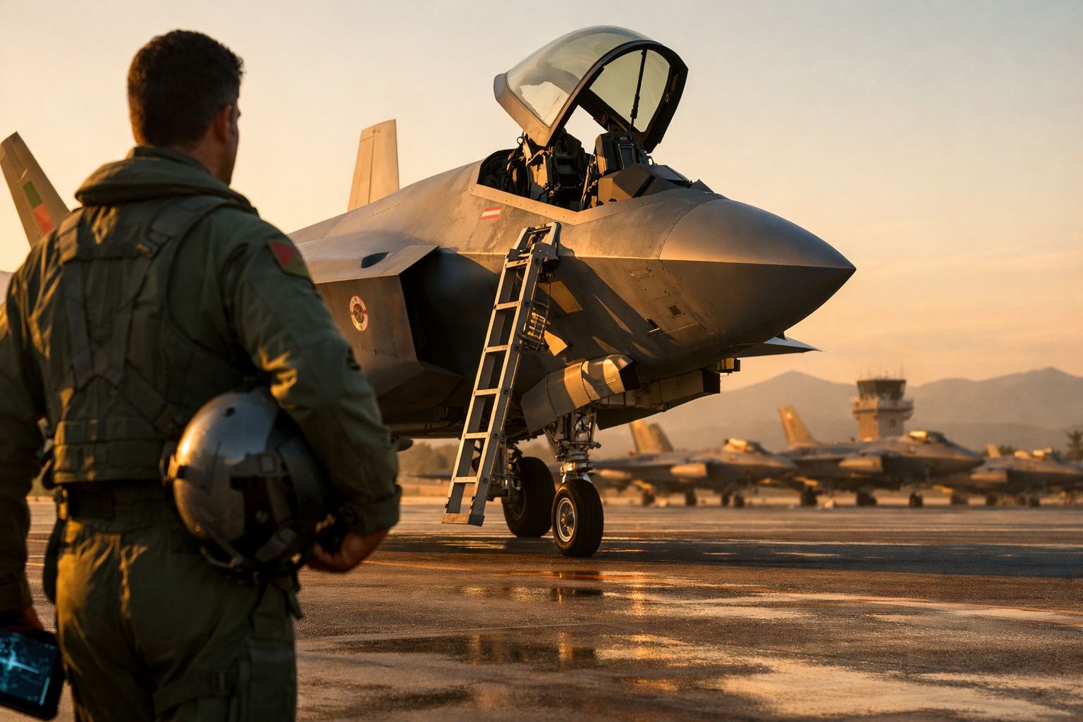 Piloto militar com capacete observa caça furtivo estacionado ao pôr do sol numa base aérea.