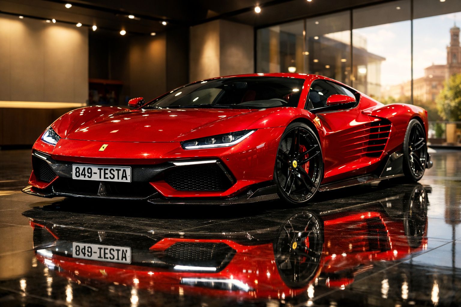 Carro desportivo Ferrari vermelho brilhante estacionado em piso refletor numa garagem moderna.
