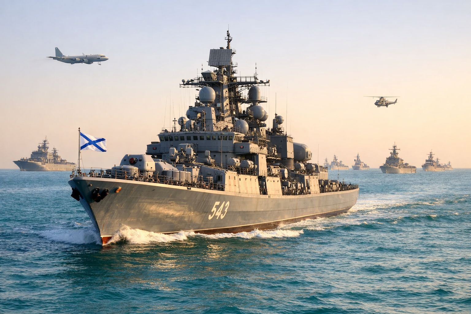 Navio de guerra com a bandeira naval russa navegando acompanhado por outros navios, avião e helicóptero ao fundo.