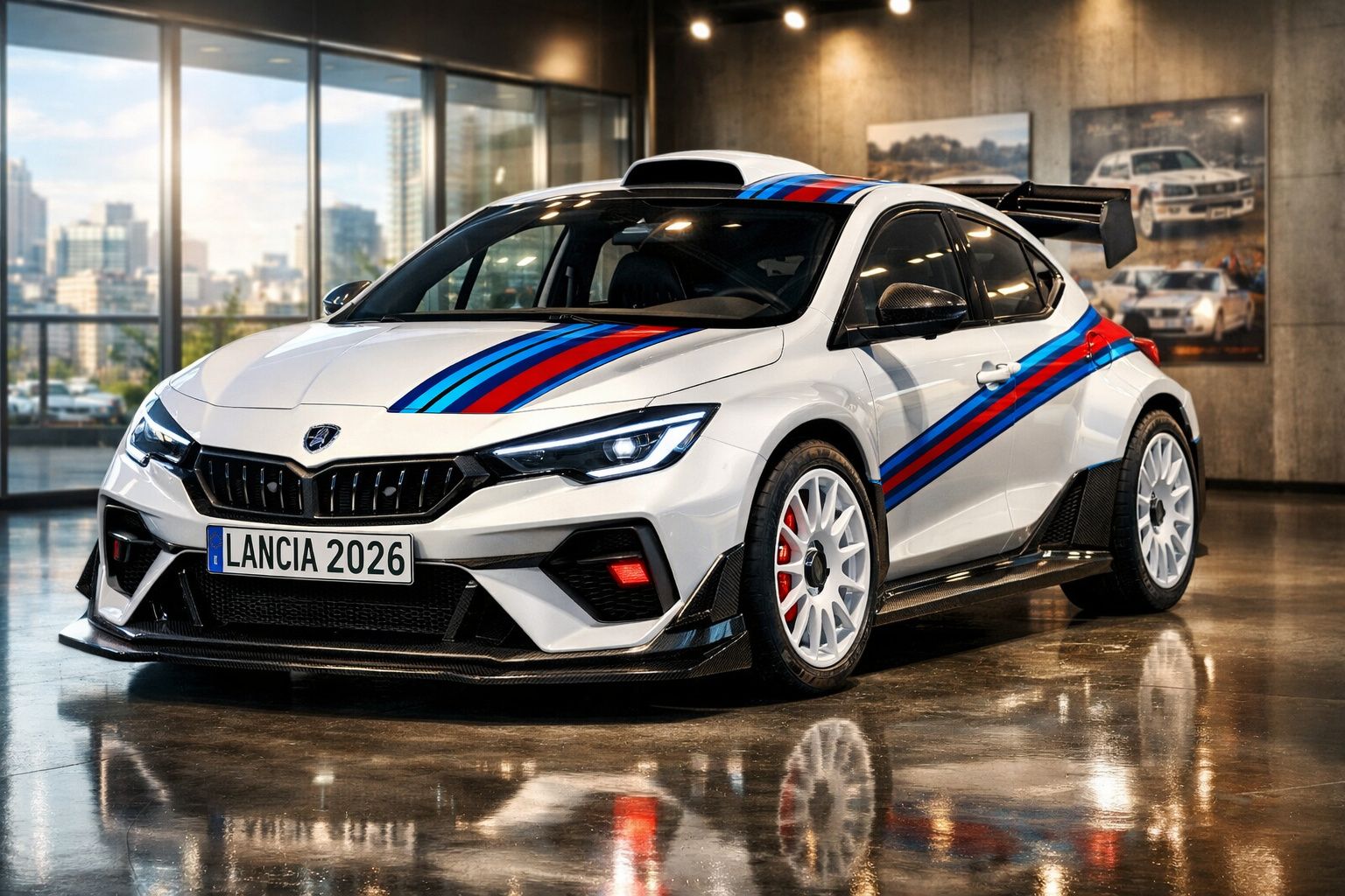 Carro de rali branco Lancia 2026 com riscas azuis e vermelhas, em pavilhão moderno com vidro e quadros.