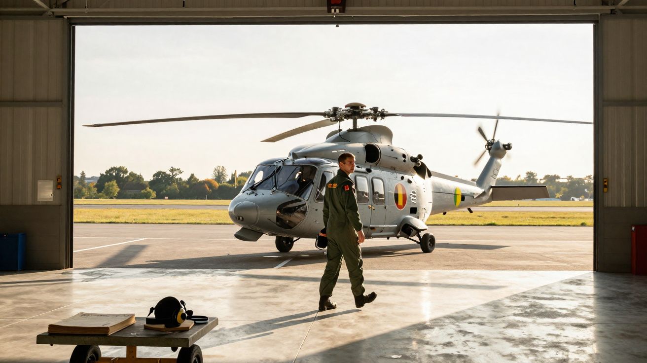 Helicóptero militar estacionado na pista com piloto a caminhar no interior de um hangar aberto ao pôr do sol.