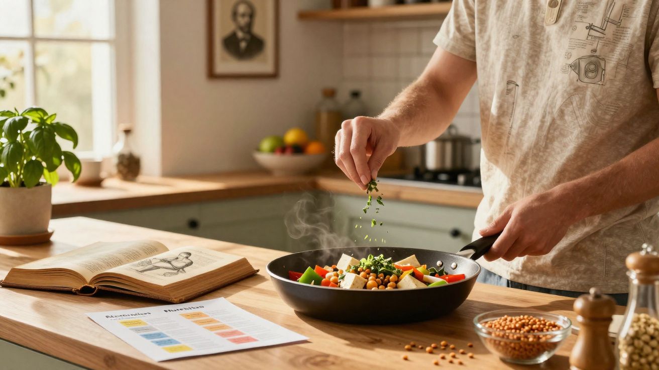 Pessoa a cozinhar legumes numa frigideira, temperando com ervas frescas numa cozinha luminosa.