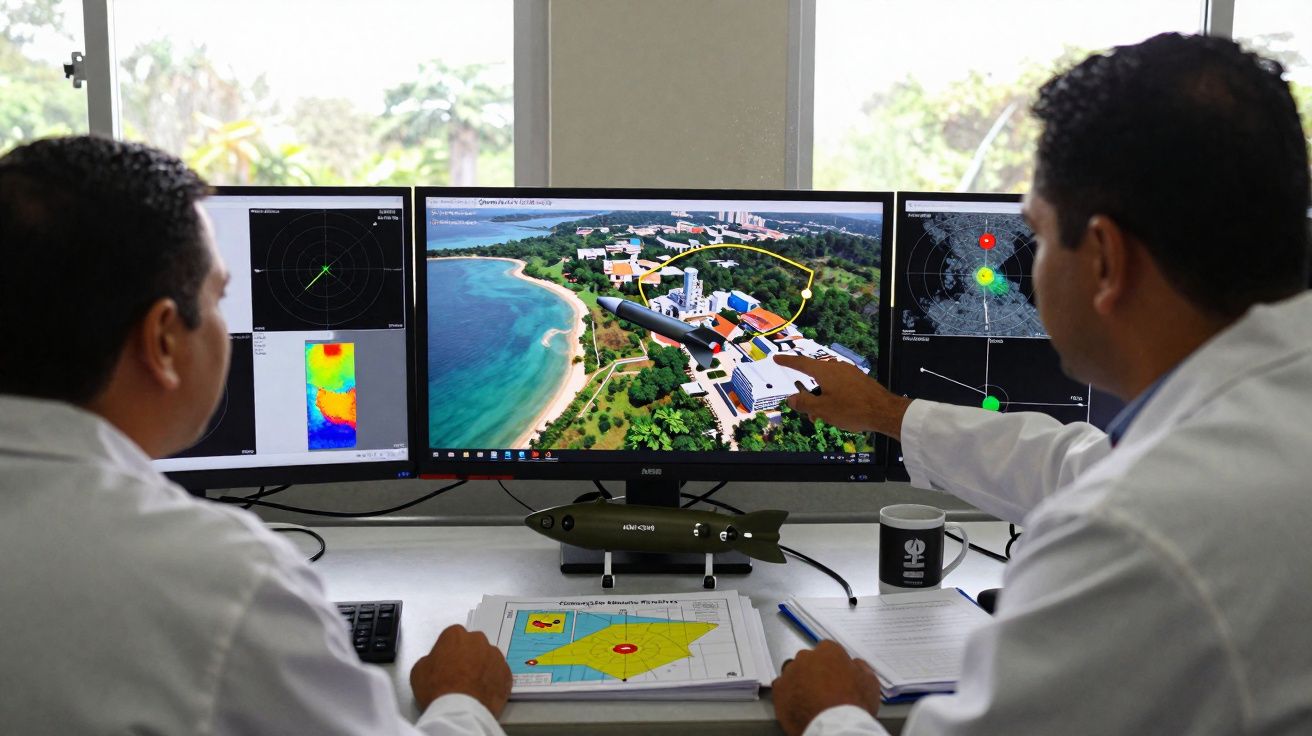 Dois homens em bata branca analisam imagens digitais e mapas numa mesa de controlo com três ecrãs.