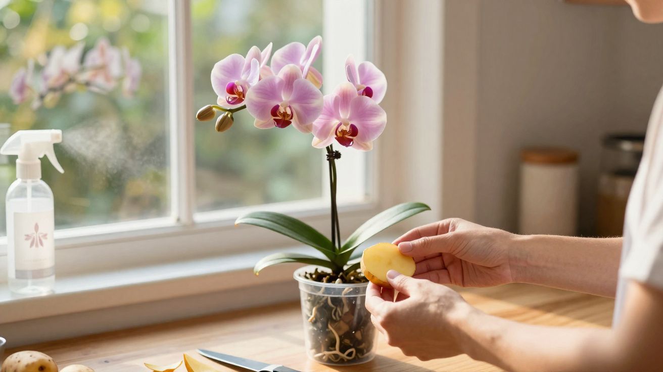 Pessoa a cuidar de orquídea rosa numa janela com luz natural, segurando uma batata descascada.