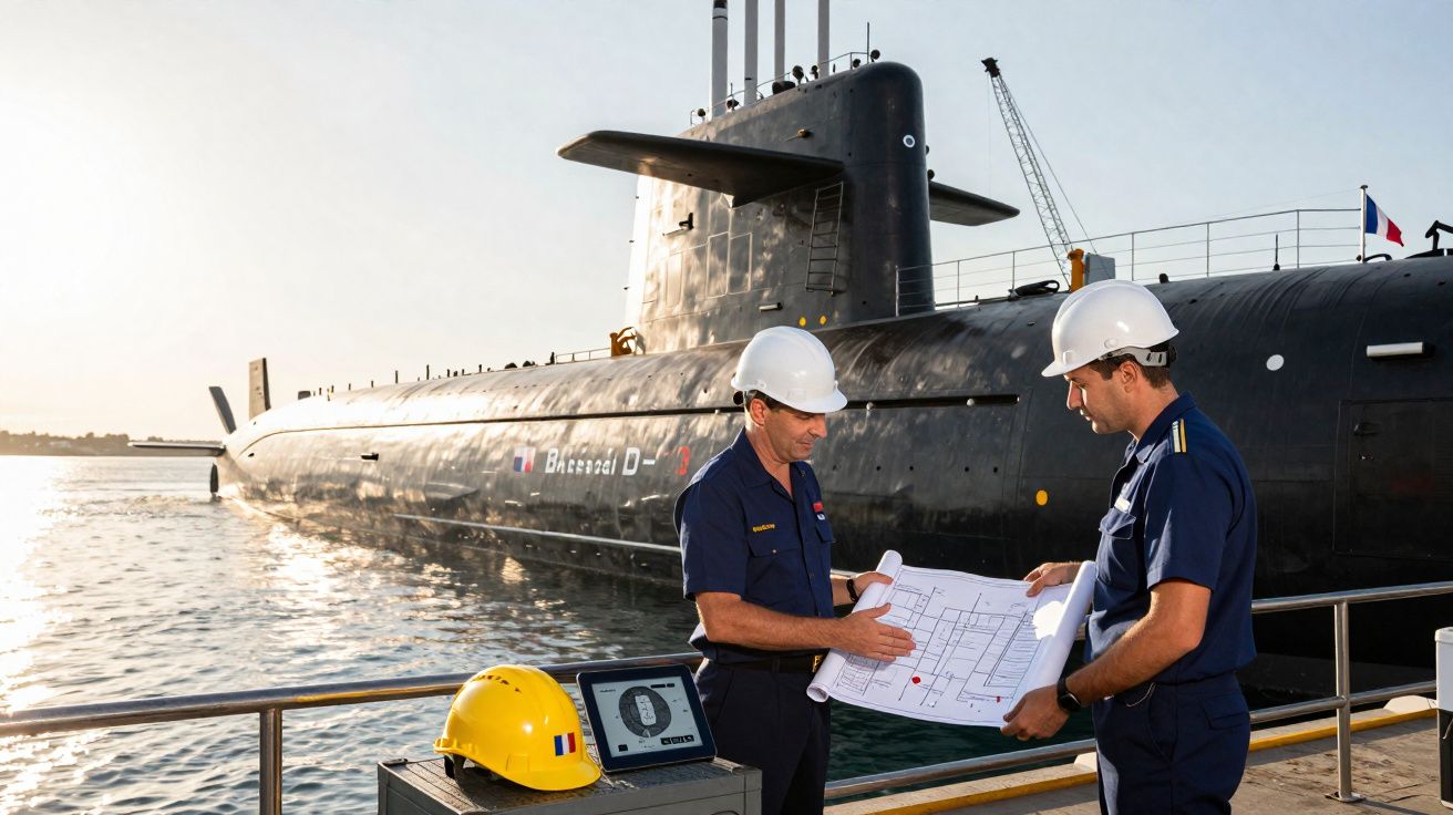 Dois homens de capacete a analisar plantas junto de um submarino militar atracado ao cais.