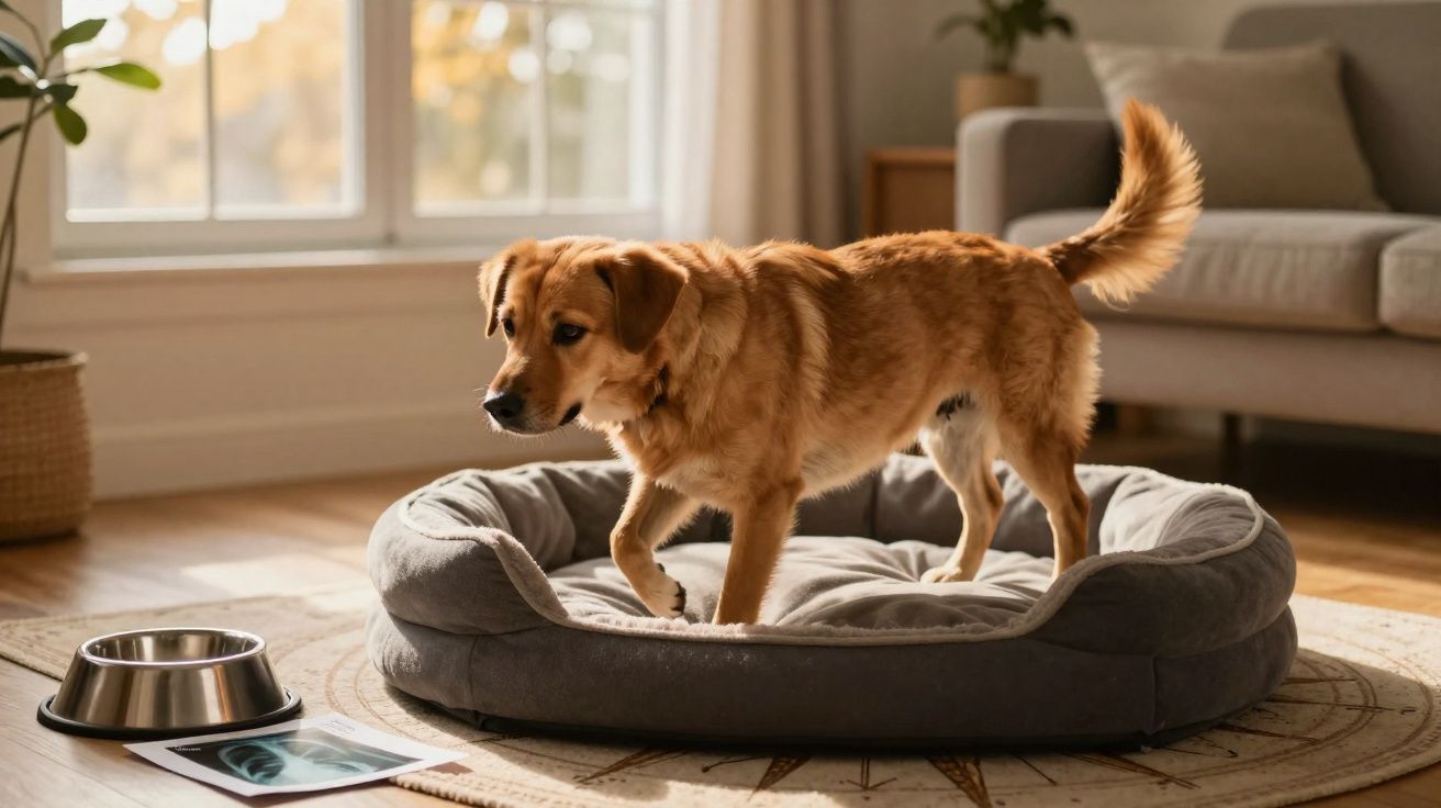 Cão castanho em cama cinzenta redonda numa sala iluminada com janela, tapete e comedouro metálico.