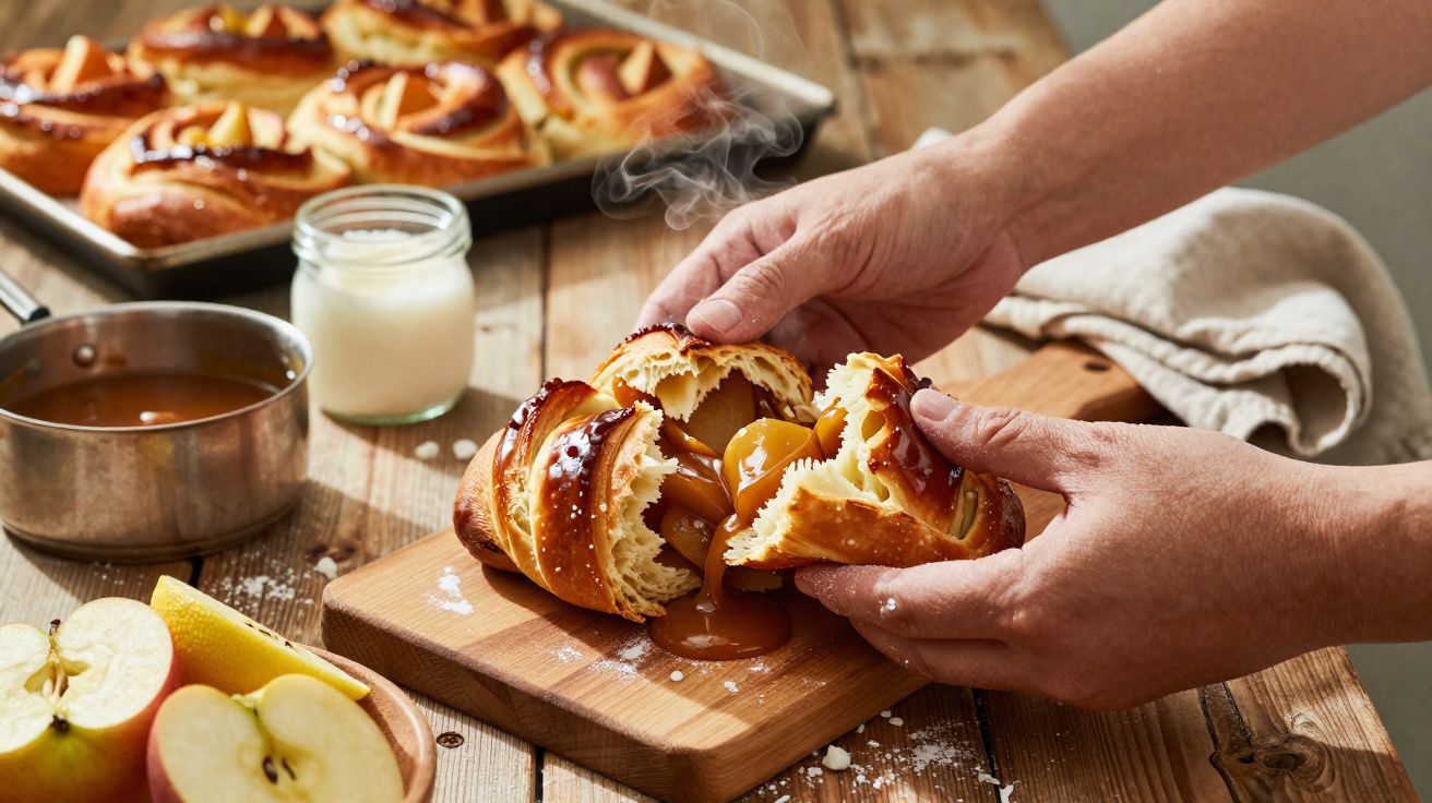Pão doce acabado de sair do forno com recheio de doce de ovos quente a ser partido ao meio.