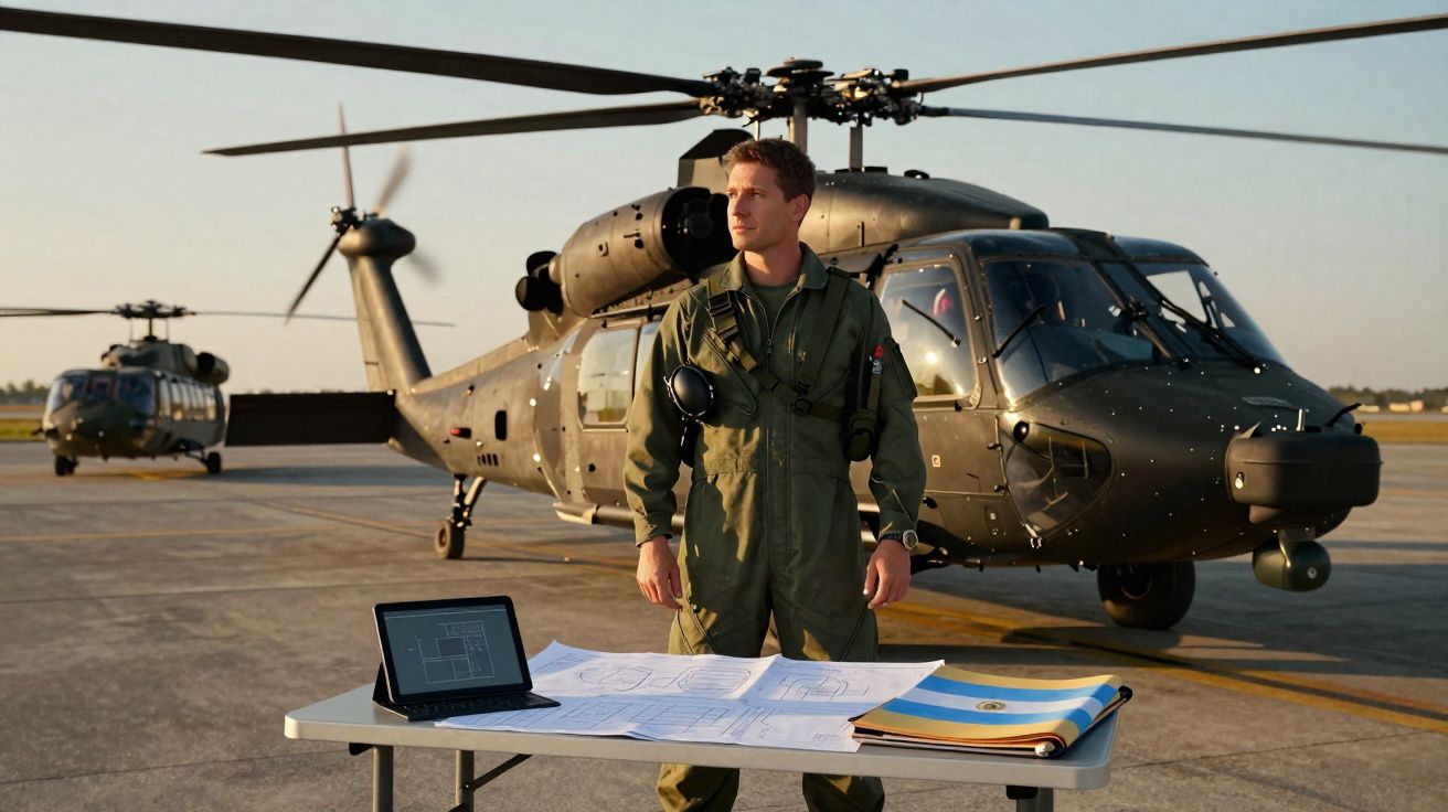 Piloto militar em fato de voo verde, em pé junto a helicóptero preto e mesa com mapas num heliporto.