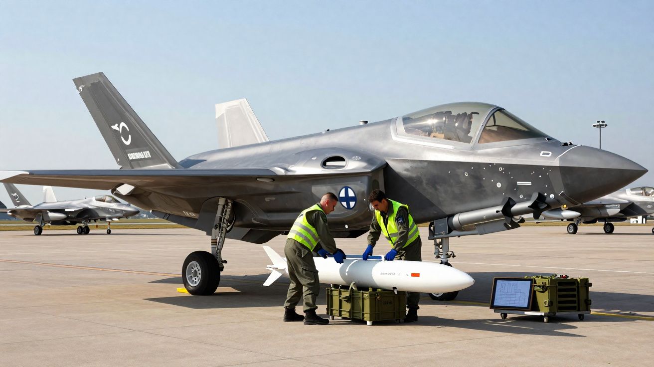 Dois militares preparam armamento perto de um caça furtivo estacionado numa pista de aeroporto.
