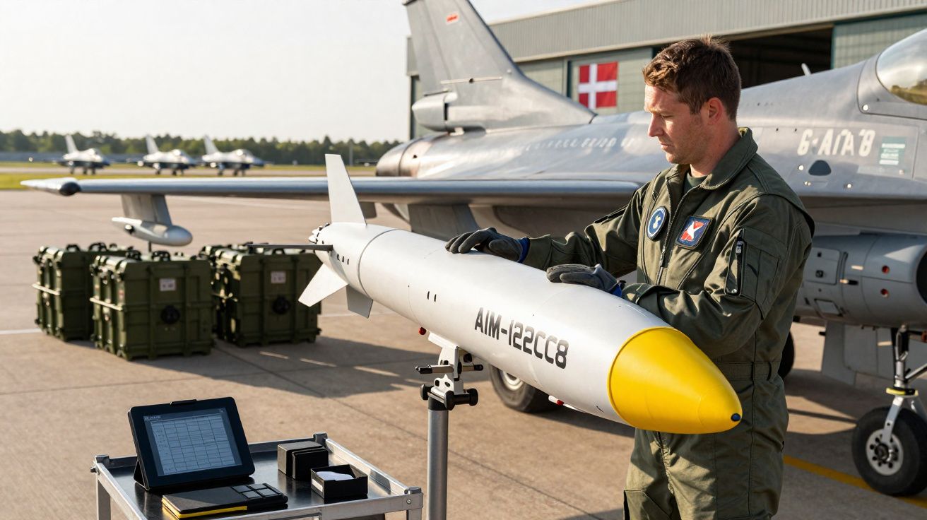 Militar a manusear um míssil AIM-122CC8 junto a um caça F-16 numa pista de aeroporto militar.
