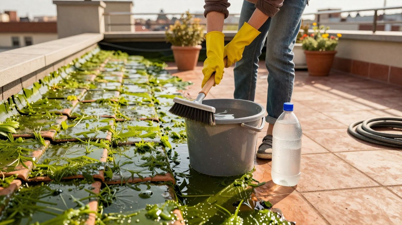 Pessoa a limpar folhas e sujidade acumuladas numa caleira de telhado ao ar livre com escova e balde.