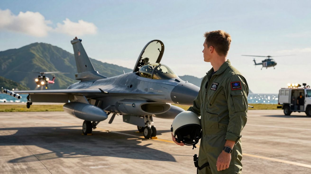 Piloto de caça em fato de voo segura capacete junto a avião militar estacionado numa pista com montanha ao fundo.