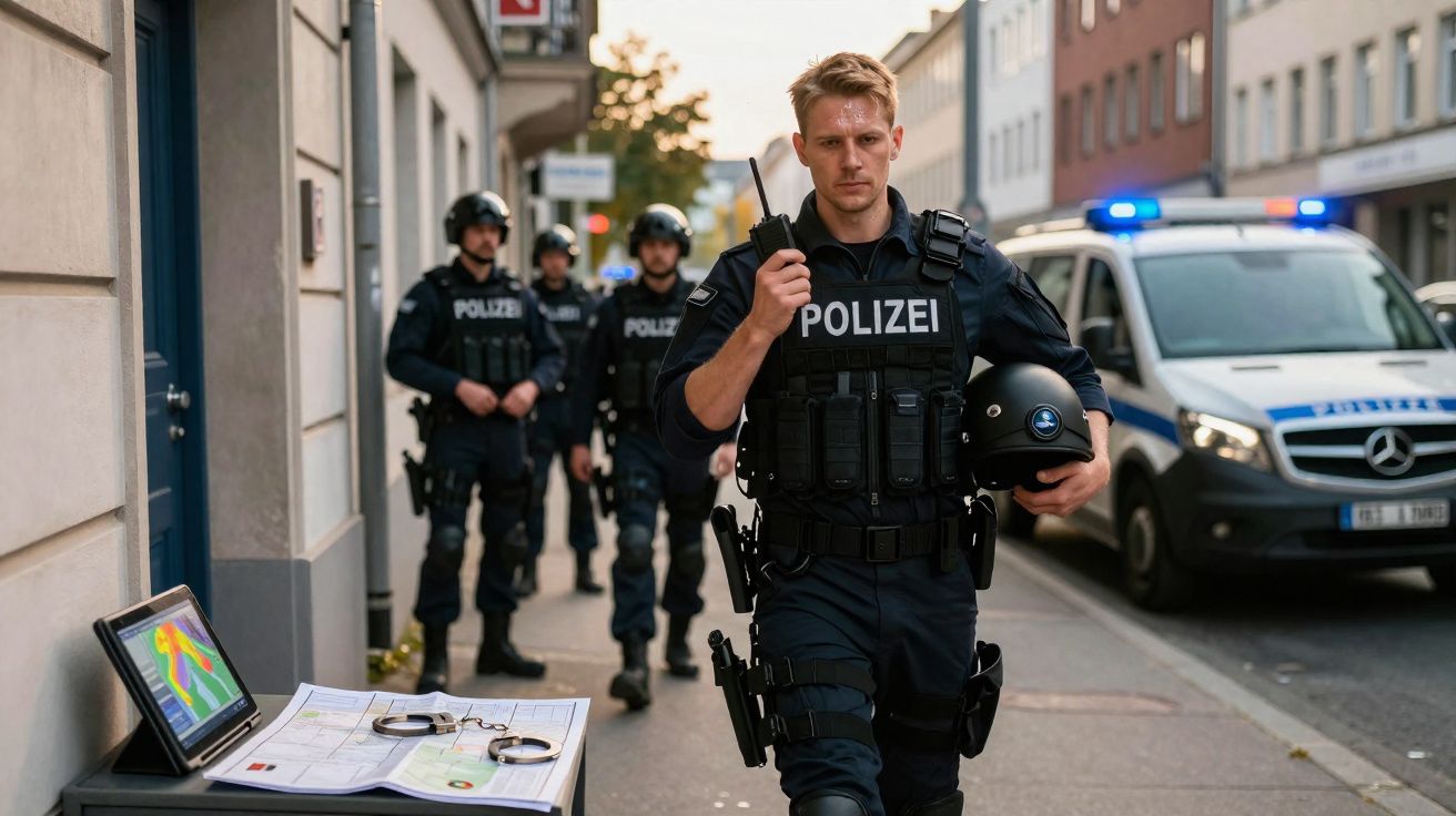 Polícia alemã equipada numa rua urbana com viatura policial e material sobre mesa ao lado.