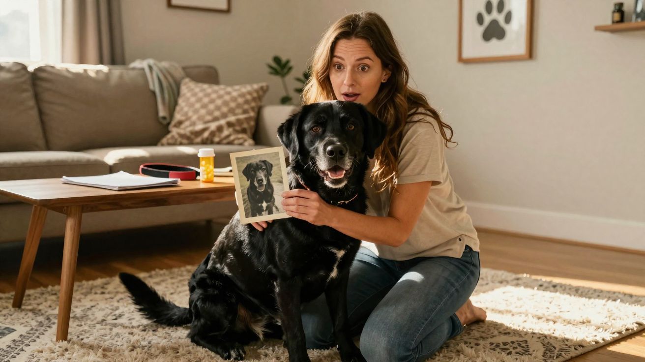 Mulher surpreendida com cão preto sentado no tapete, segurando fotografia antiga do mesmo cão.