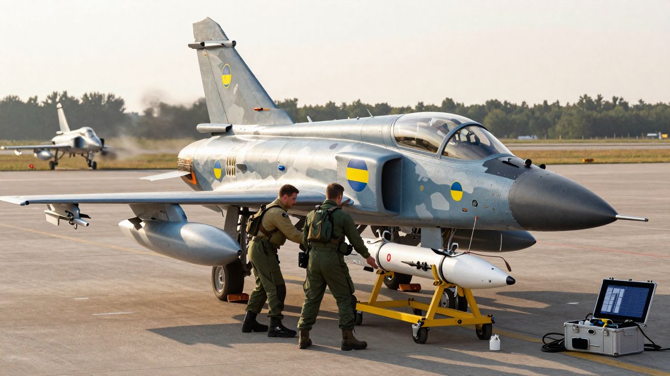 Caça militar camuflado com bandeira ucraniana, dois pilotos preparam bomba numa pista de aeroporto.