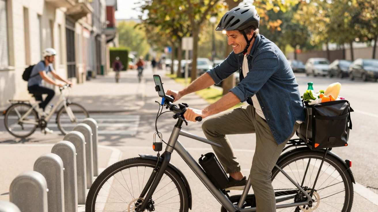 Homem com capacete segue de bicicleta na cidade com mochila de compras na parte traseira.