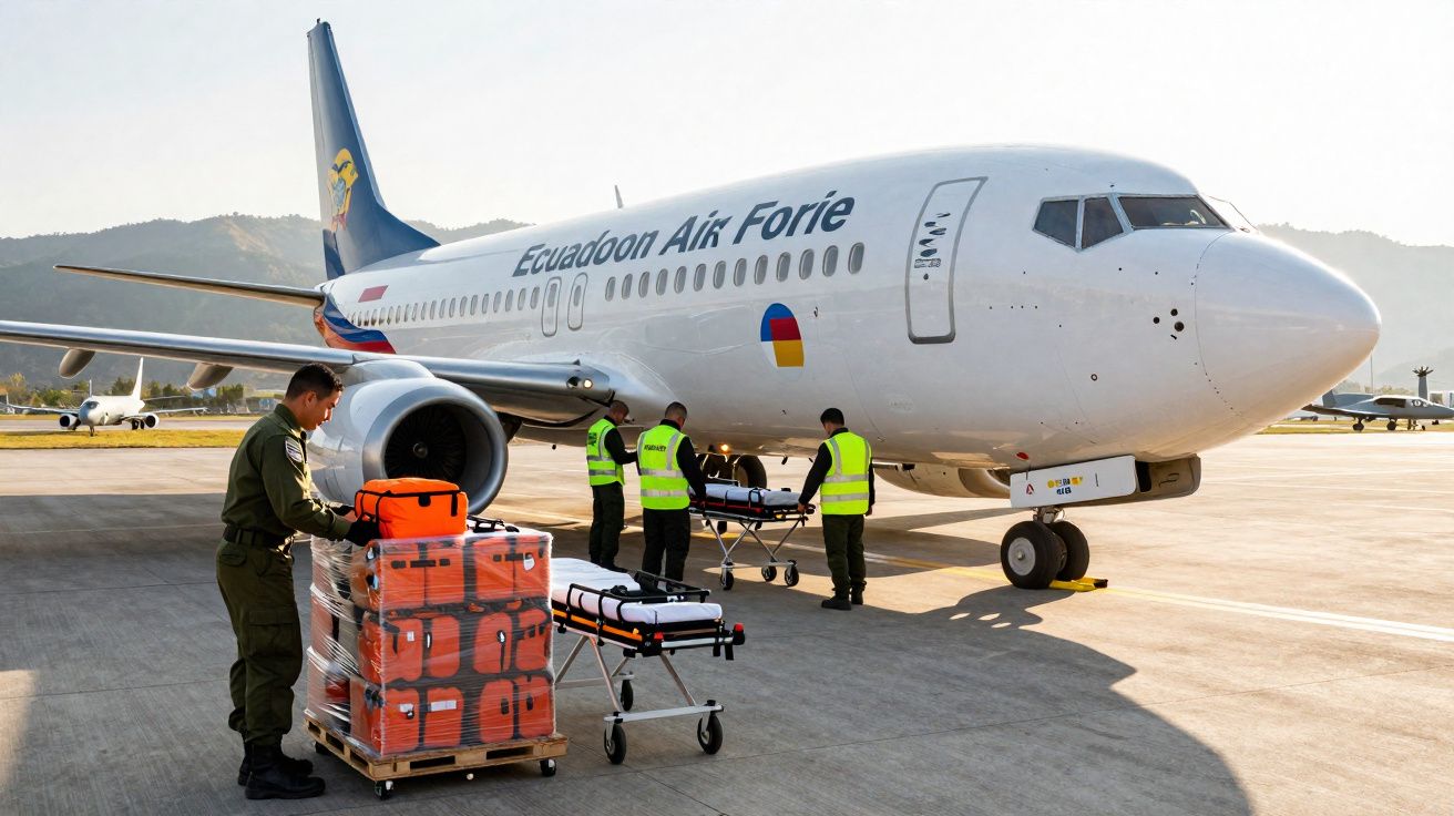 Tripulação a carregar material médico em avião da Ecuador Air Force numa pista de aeroporto ao amanhecer.