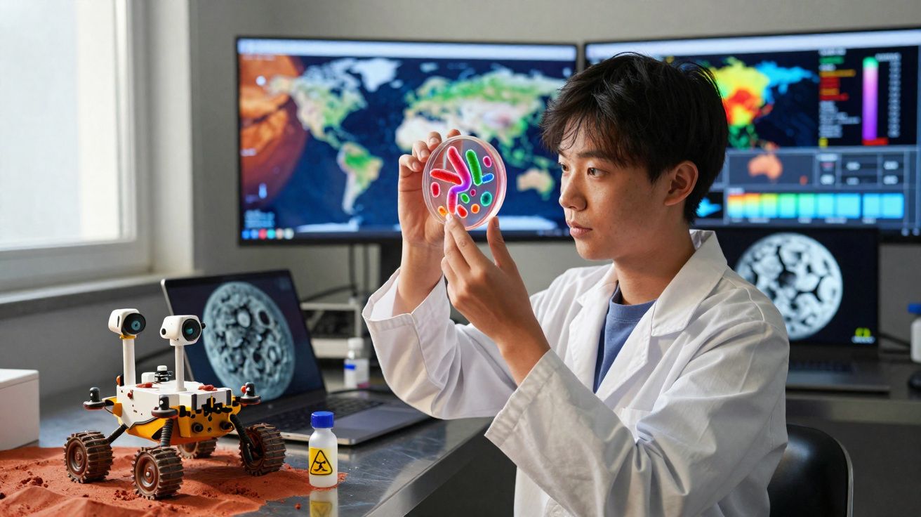 Cientista em laboratório analisa placa de Petri colorida com mapas e imagens científicas ao fundo.