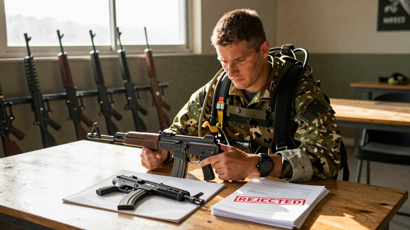 Soldado em uniforme camuflado inspeciona arma sentado à mesa com documentos assinalados como rejeitados.