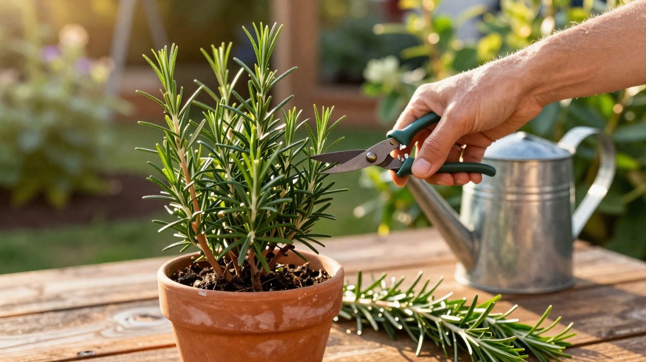 Pessoa a cortar um ramo de alecrim numa planta em vaso, ao ar livre, com regador ao fundo.