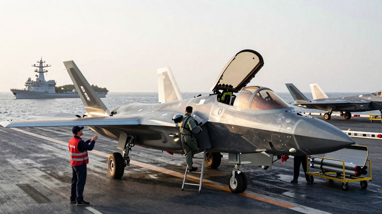 Caça F-35 volteado no convés de porta-aviões com tripulante a entrar e navio militar ao fundo.