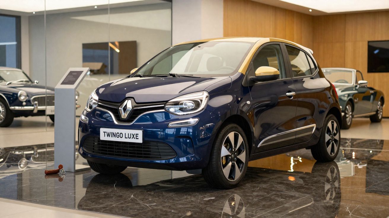 Renault Twingo Luxe azul escuro em exposição numa sala com chão brilhante e outras viaturas ao fundo.