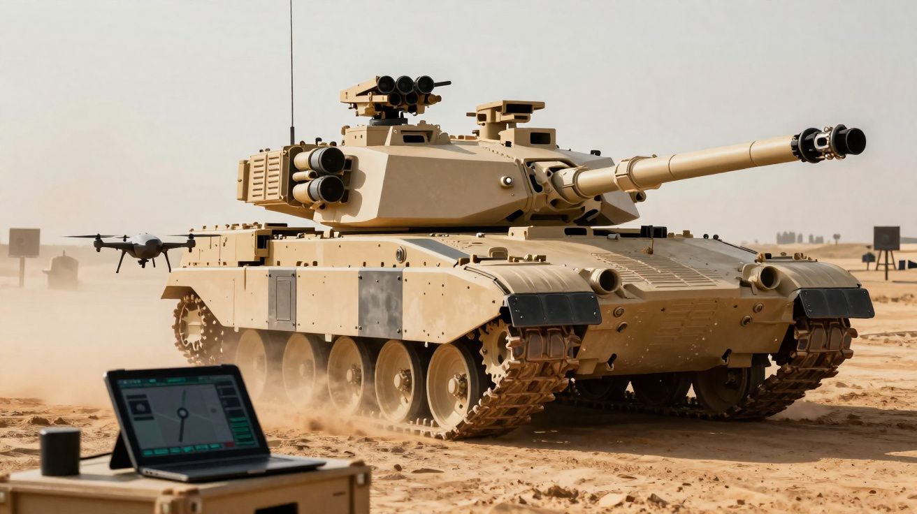 Tanque de combate moderno em terreno desértico com drone voando perto e computador portátil visível.