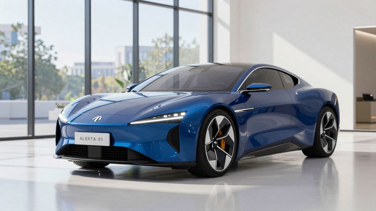 Carro desportivo eléctrico azul estacionado num espaço interior moderno com grandes janelas.