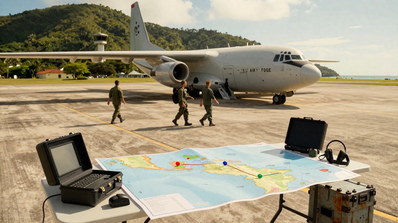 Mapa com trajetos e equipamento de comunicação numa mesa ao lado de avião militar na pista e soldados a caminhar.