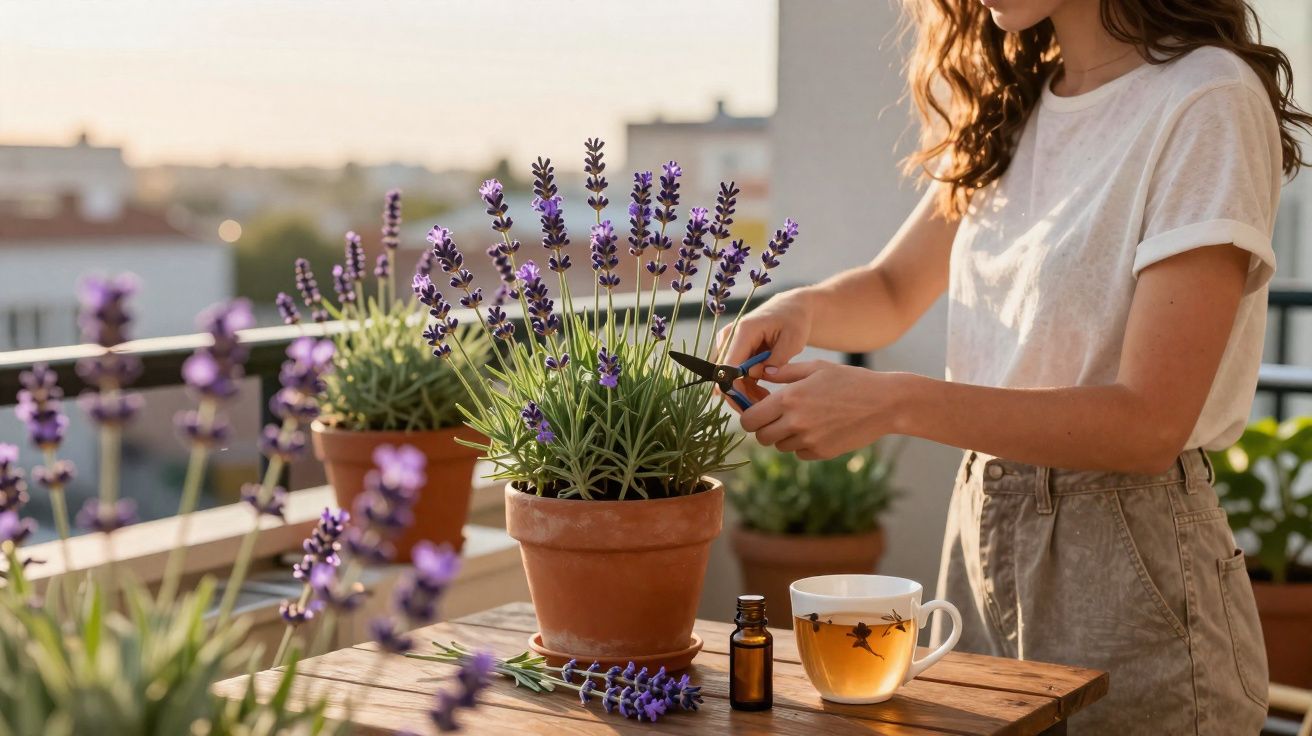 Mulher a cuidar de planta de lavanda num vaso, numa varanda iluminada pelo sol ao entardecer.