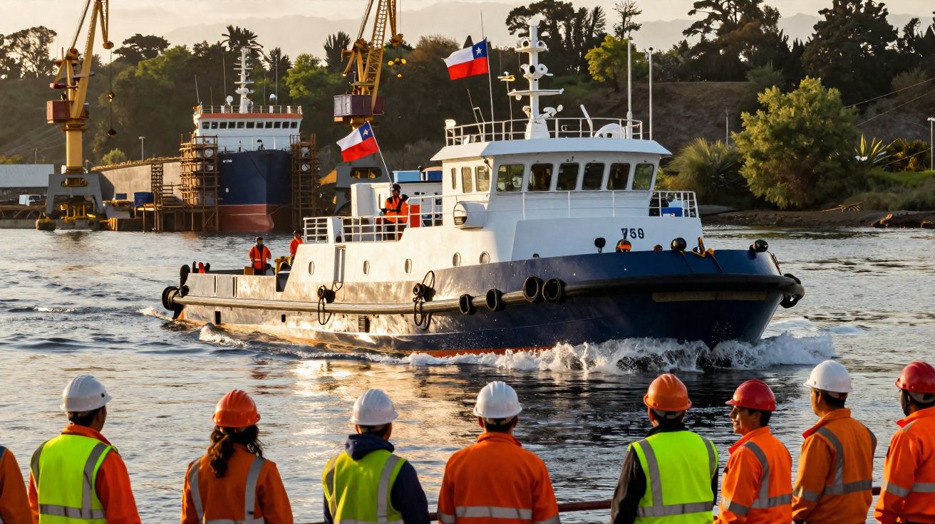 Trabalhadores de colete e capacete observam rebocador chileno com bandeiras no porto ao entardecer.