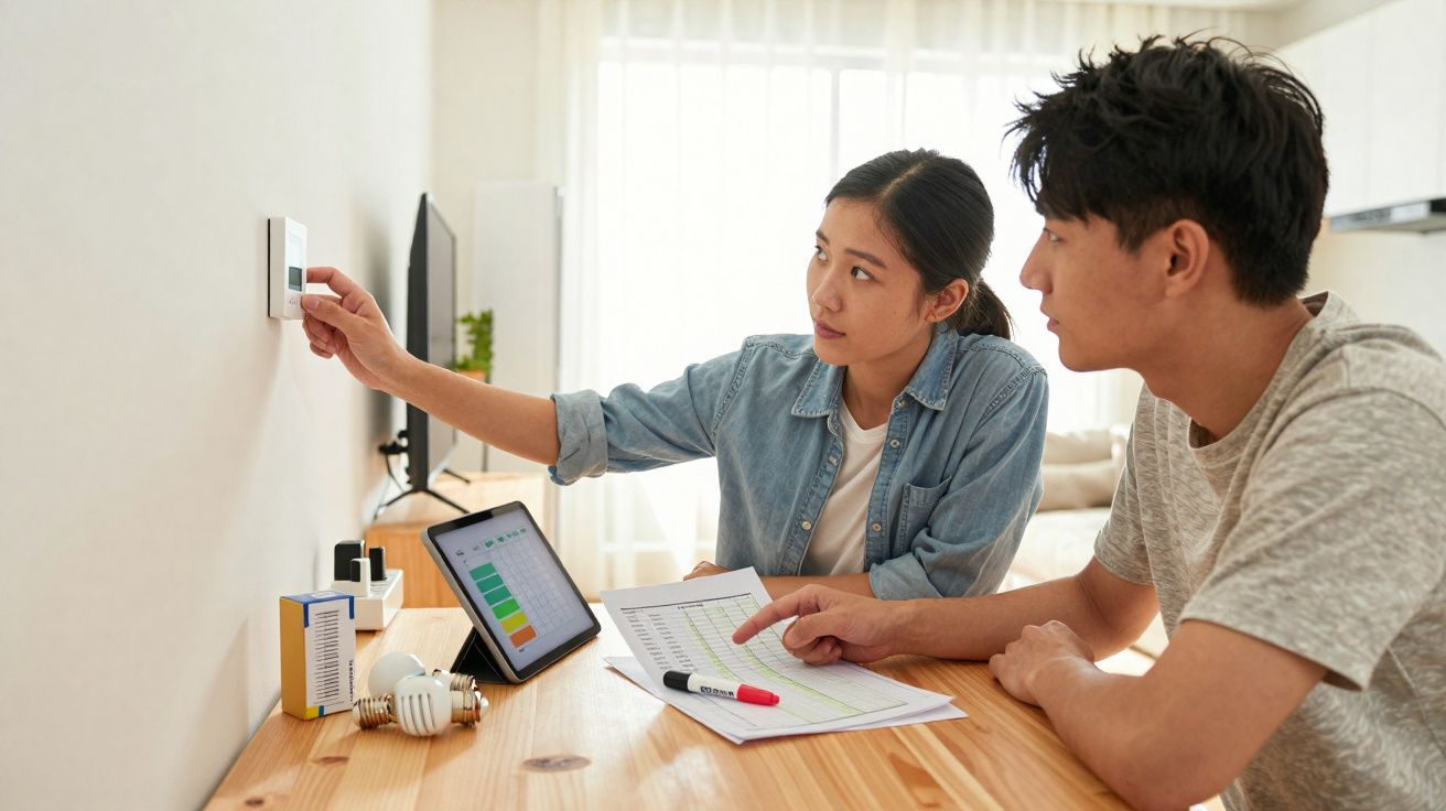 Casal ajusta termostato com tablet, lâmpadas e gráfico numa mesa de madeira clara.
