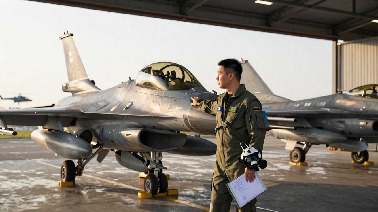 Piloto em fato verde está ao lado de caça militar estacionado em hangar durante o dia.