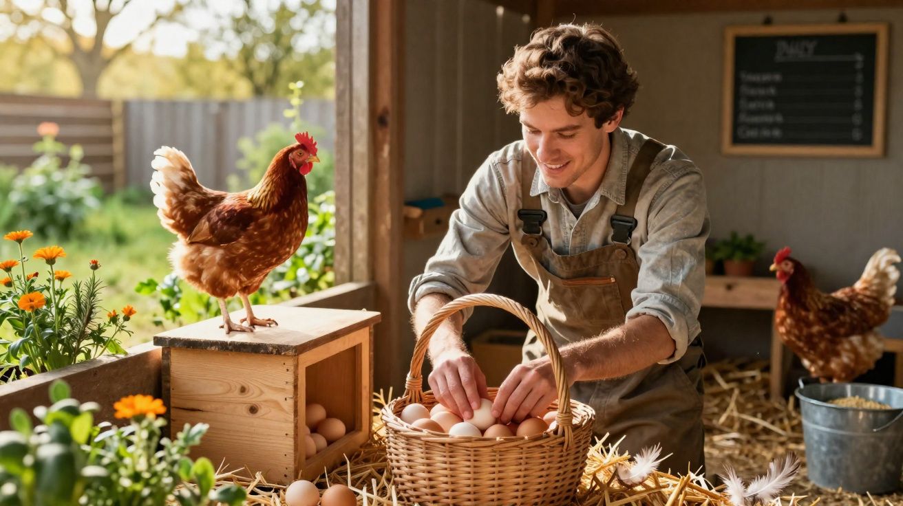 Homem jovem a recolher ovos frescos num galinheiro com galinhas e plantas à volta.