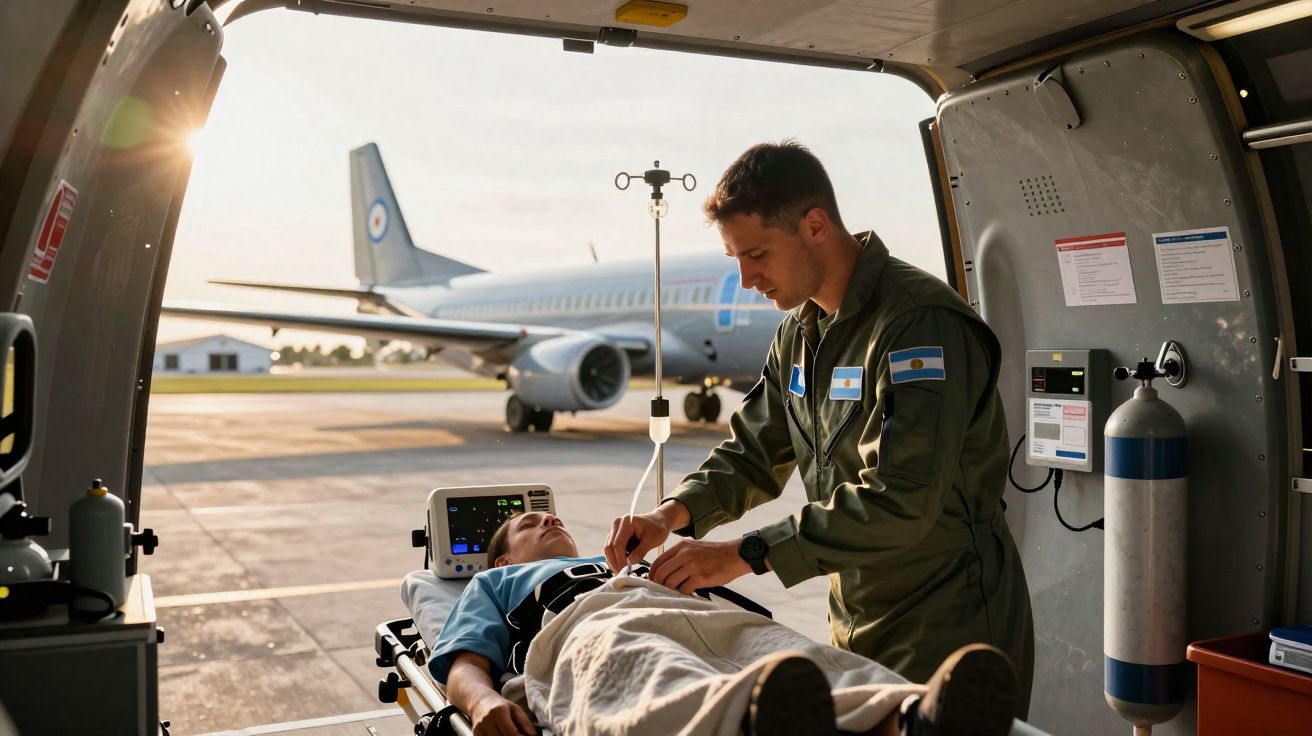 Militar argentino a prestar cuidados médicos a paciente numa ambulância aérea com avião ao fundo.